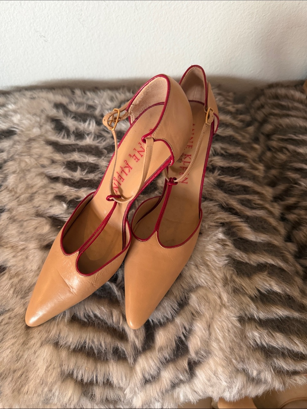 Anne Klein Tan Pumps with Red Trim and Ankle Strap